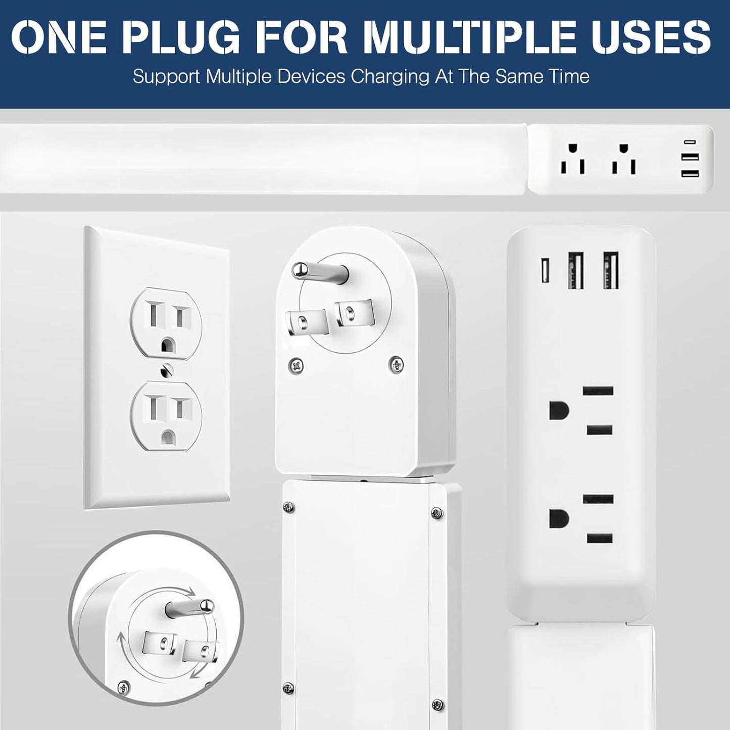 Electrical Outlet Extender Stick 23"-34", Adjustable Power Plug Splitter with 1 USB-C & 2 USB-A Ports, 2 AC Outlets, Tool-Free Extension for behind Sofa, Nightstand, Desk