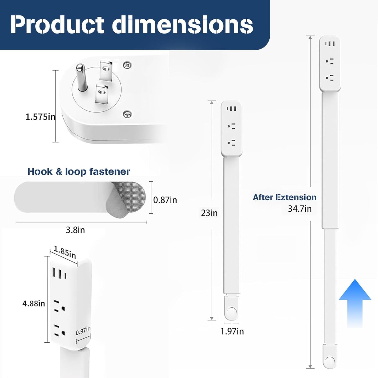 Electrical Outlet Extender Stick 23"-34", Adjustable Power Plug Splitter with 1 USB-C & 2 USB-A Ports, 2 AC Outlets, Tool-Free Extension for behind Sofa, Nightstand, Desk