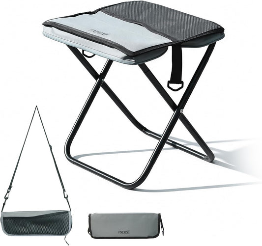 2-In-1 Portable Folding Stool with Crossbody Carry, Converts to Bag with Mesh Storage, Oxford Fabric High-Carbon Steel, for Camping Fishing, Medium Size 24X30X30Cm, Gray Color