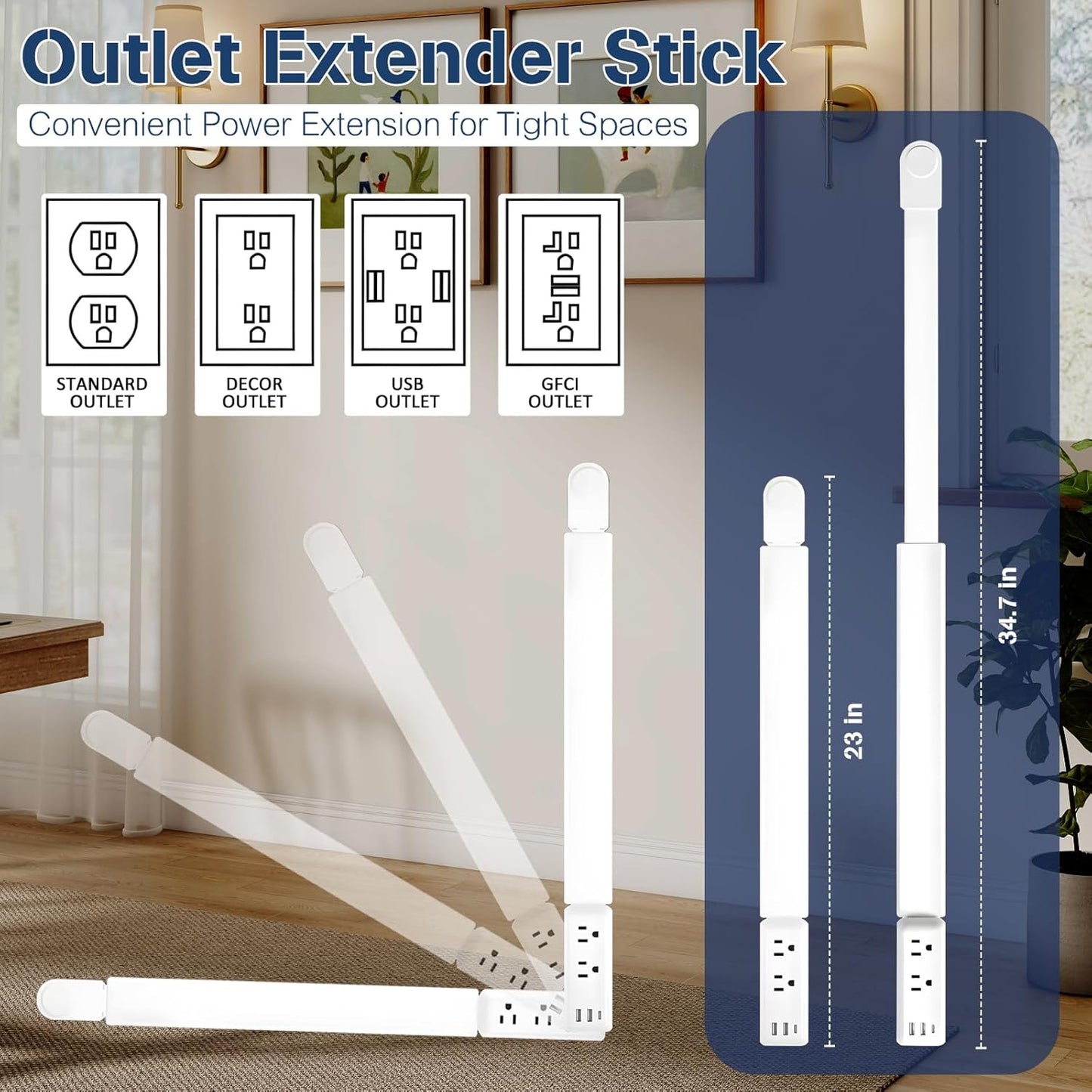 Electrical Outlet Extender Stick 23"-34", Adjustable Power Plug Splitter with 1 USB-C & 2 USB-A Ports, 2 AC Outlets, Tool-Free Extension for behind Sofa, Nightstand, Desk